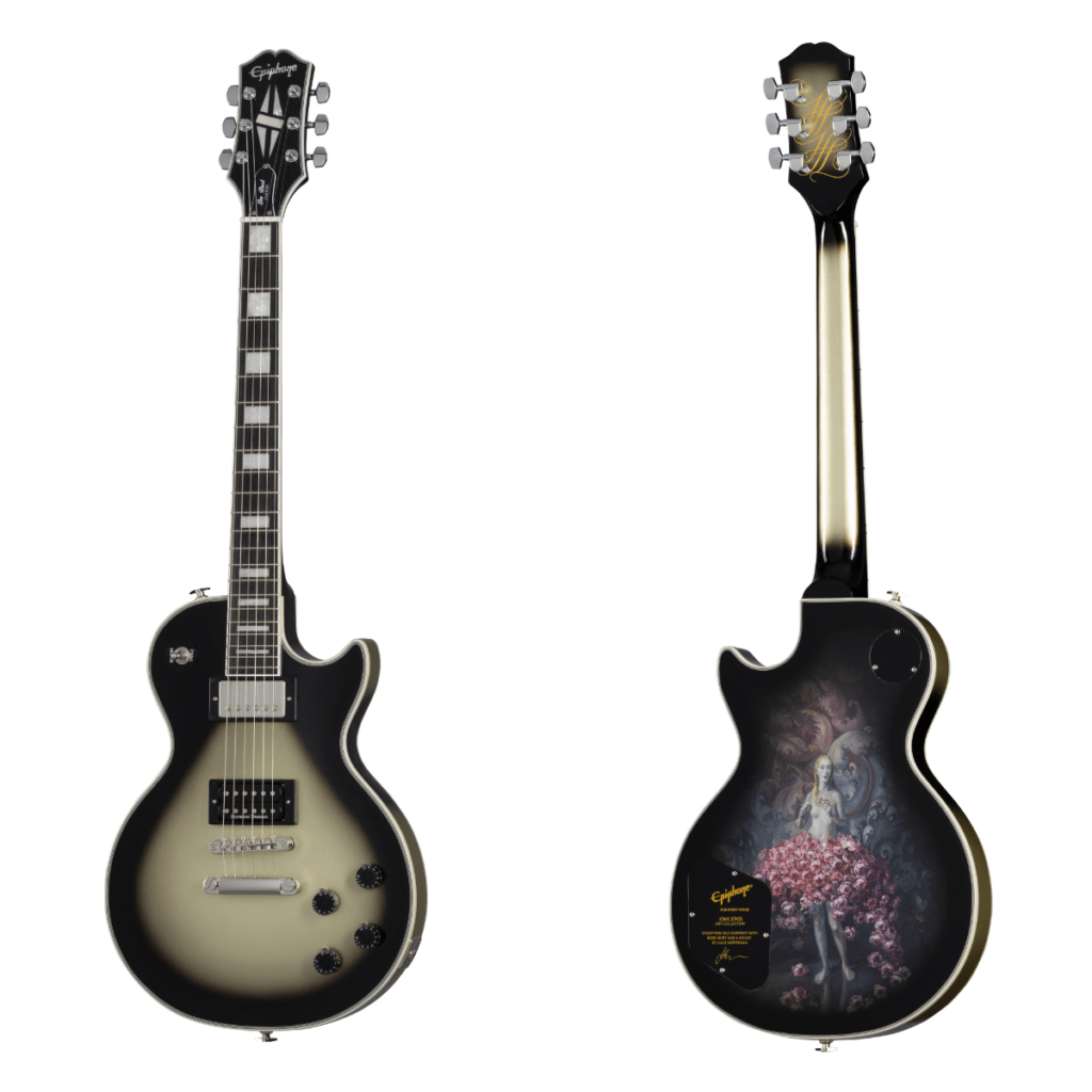 Gitara Epiphone Adam Jones Art Collection z grafiką Julie Hefferson, widok od przodu i od tyłu.