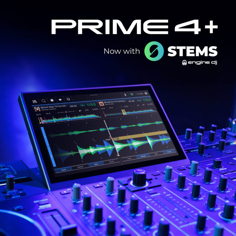 Engine DJ's graphic presenting the new functionality for Prime 4+: it features a text "Now with STEMS", a producer logo, and a photo of a controler operating on an Engine DJ system.