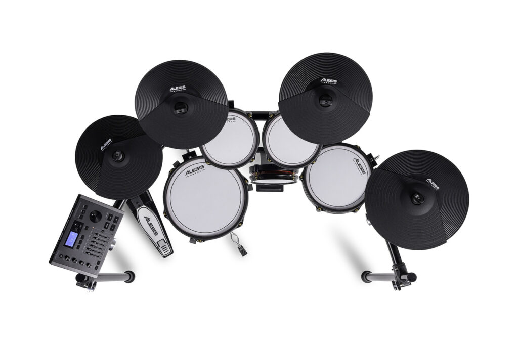 Top down view of Alesis Crimson III electric drummer kit.