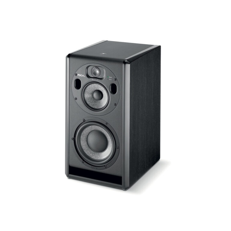 Focal Trio6 in a new Black finish, positioned vertically, standing on a solid white background.